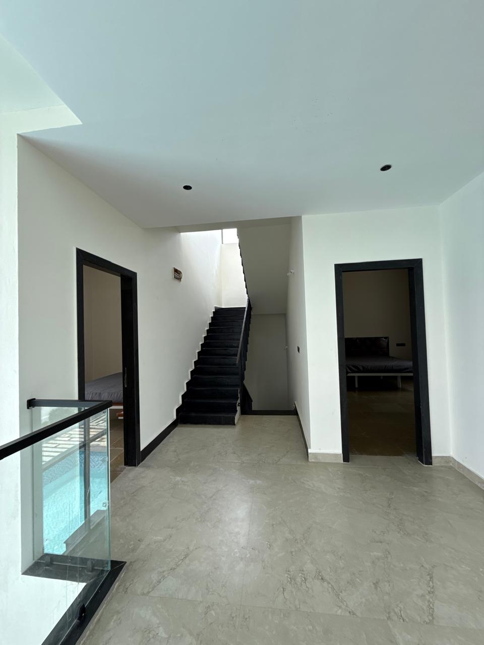 Upper floor corridor glass railing view